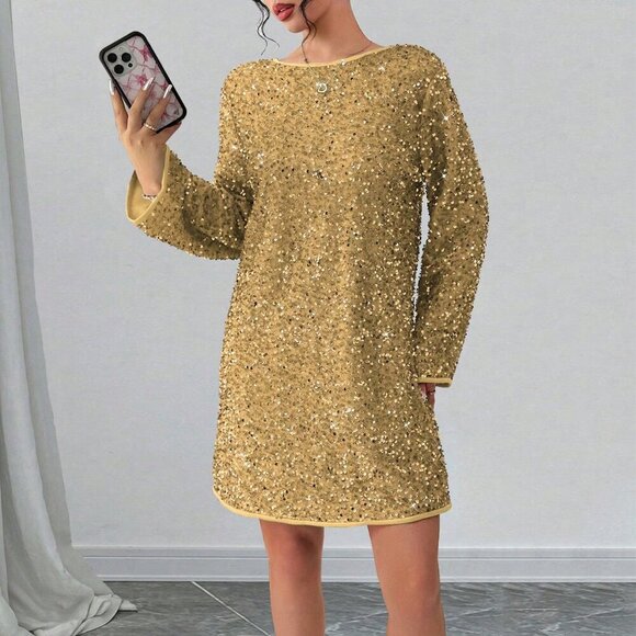 Gold Party Women's Elegant Pearl Bow Christmas Dress - Picture 1 of 5